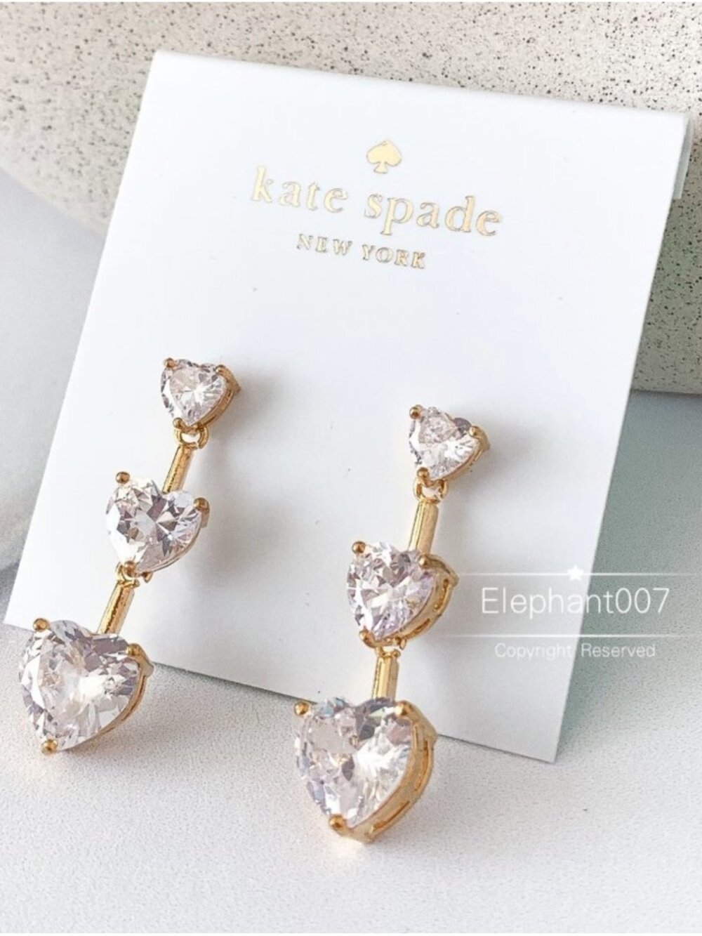 Kate Spade New York Triple Heart Drop Earrings Gold Tone Crystal Dangle Romantic